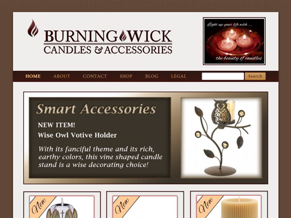 burning wick candles and accessories web design project link
